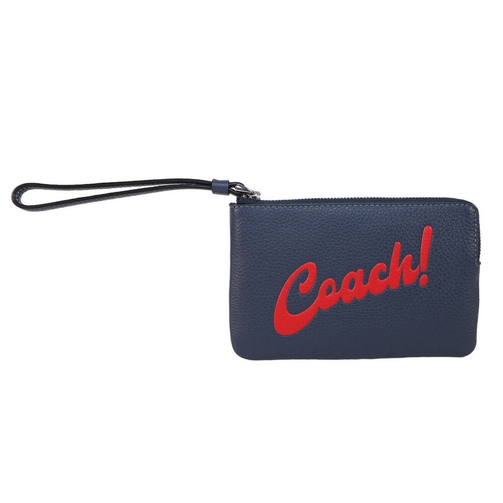 Coach Corner Zip Leather Wristlet Wallet – Navy Blue with Bold Red Script – NWT